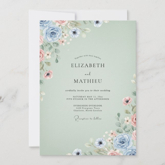Celadon Watercolor Anemone Wedding Invitation (Front)