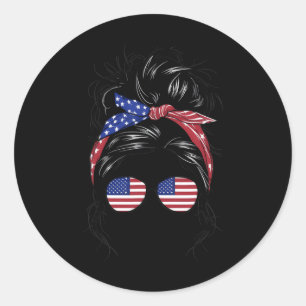 Celebrate 4th Of July Messy Bun Patriotic Girl Ame Classic Round Sticker