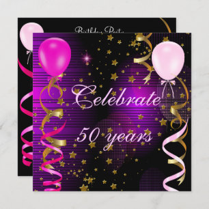Celebrate 50 50th Birthday Party Pink Purple Stars Invitation