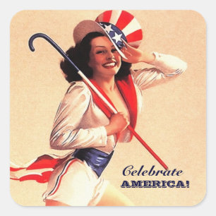Celebrate America! 4th of July Retro Pin-up Square Sticker