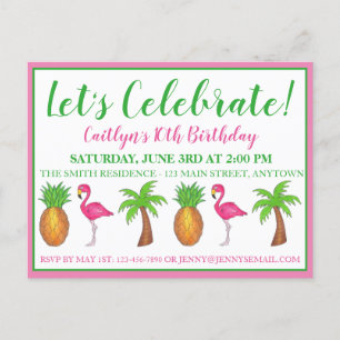 Celebrate Birthday Flamingo Palm Tree Pineapple Invitation Postcard