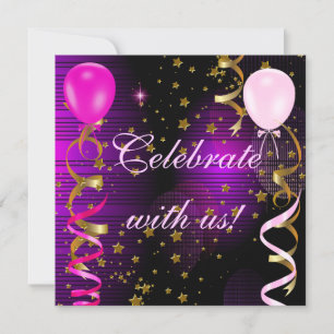 Celebrate Birthday Party Pink Purple Stars Invitation