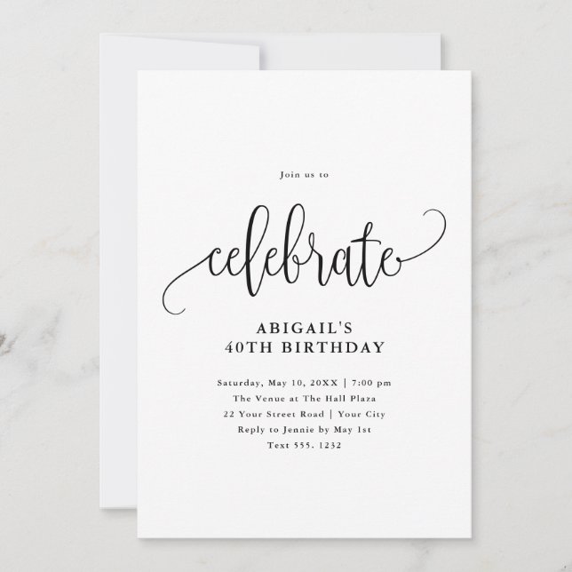 Celebrate Black/White Modern Calligraphy  Invitation (Front)
