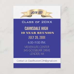 Celebrate! Blue 10th Class Reunion Invite Postcard