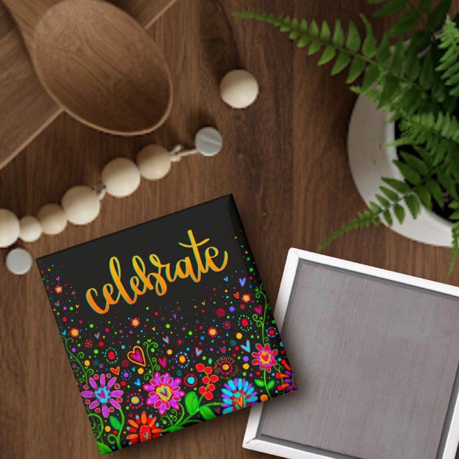 Celebrate Colourful Flowers Black Trendy Inspiring Magnet (Creator Uploaded)