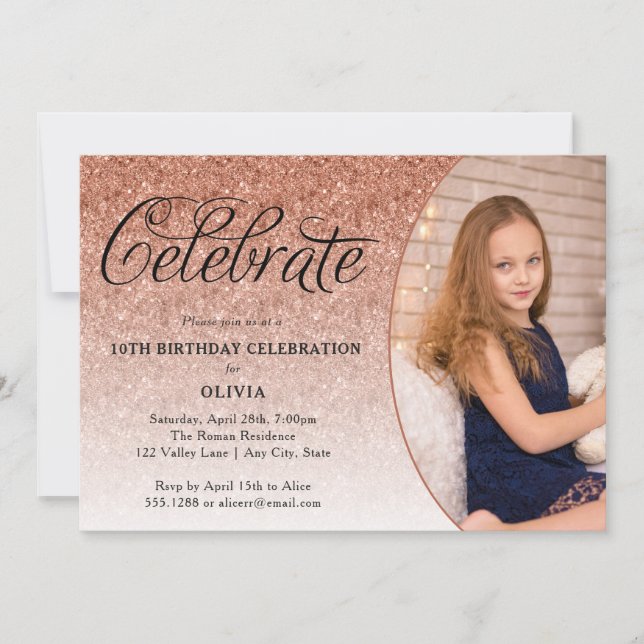Celebrate Fancy Script Rose Gold Glitter Photo  Invitation (Front)