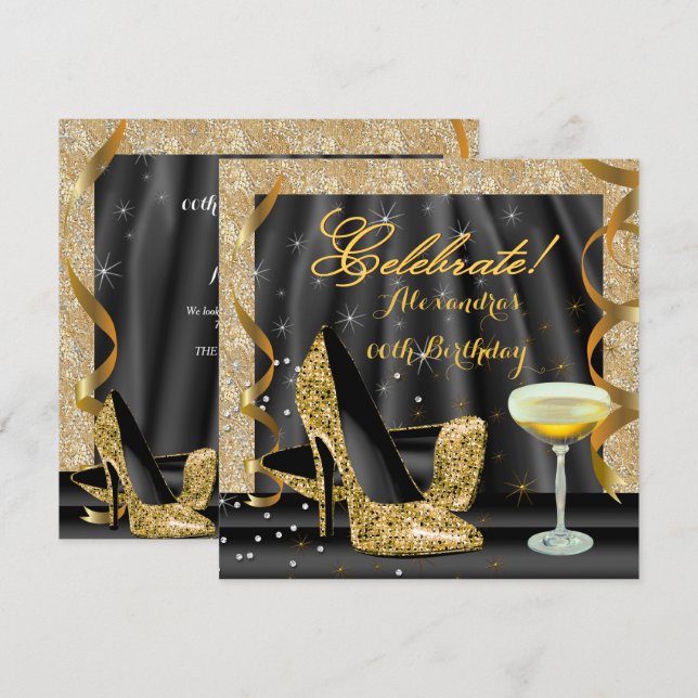 Celebrate Gold Black Glitter Heels Champagne Party Invitation (Front/Back)