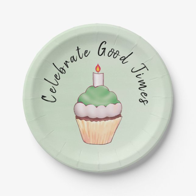 Celebrate Good Times Cupcake Green Paper Plate (Front)