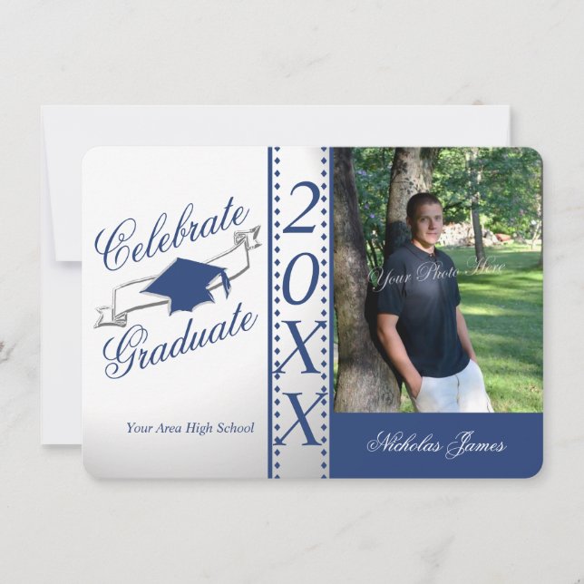 Celebrate Graduate Blue Graduation Photo Invitation (Front)