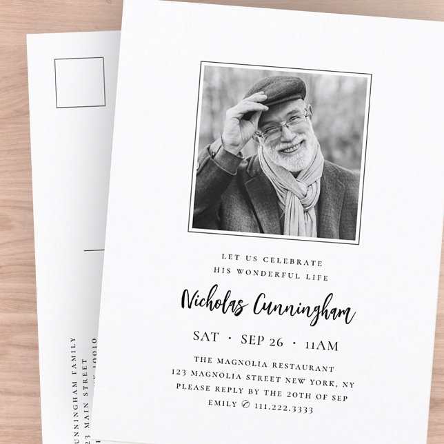 Celebrate His Wonderful Life Modern Memorial Photo Invitation Postcard (Creator Uploaded)
