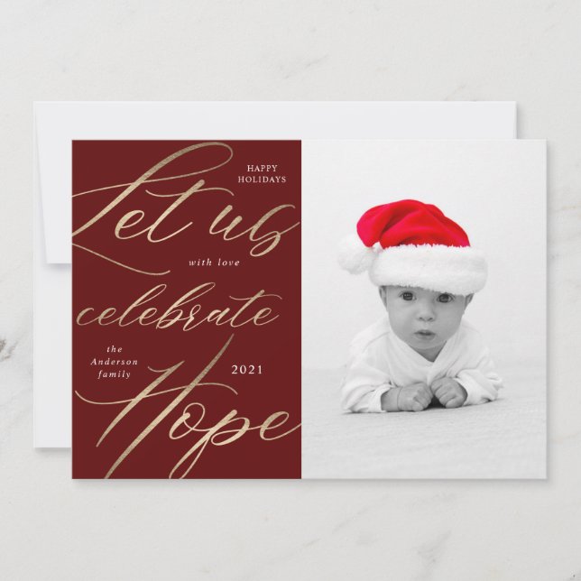celebrate hope gold script holiday photo card (Front)