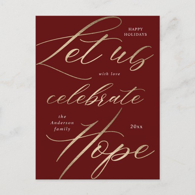 celebrate hope gold script holiday postcard (Front)