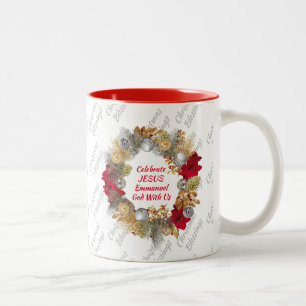 CELEBRATE JESUS Christmas Wreath MONOGRAM White Two-Tone Coffee Mug