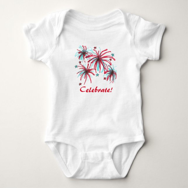 Celebrate July 4th Fireworks Patriotic USA America Baby Bodysuit (Front)