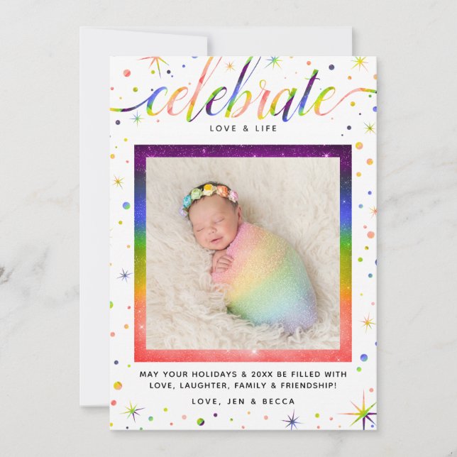Celebrate Love + Snowflakes  | Rainbow + LGBT Holiday Card (Front)