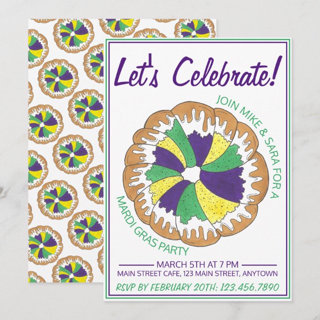 Celebrate Mardi Gras Carnival Party King Cake Invitation (Front/Back)