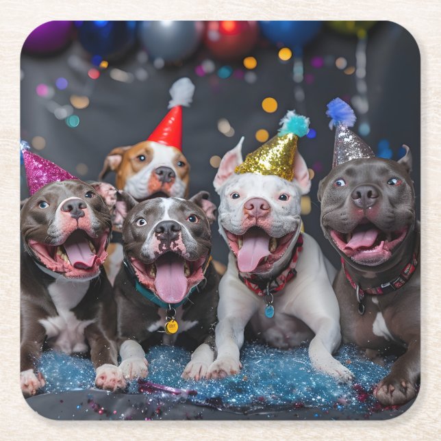 Celebrate New Year & Holidays with Pitbull Dogs Square Paper Coaster (Front)