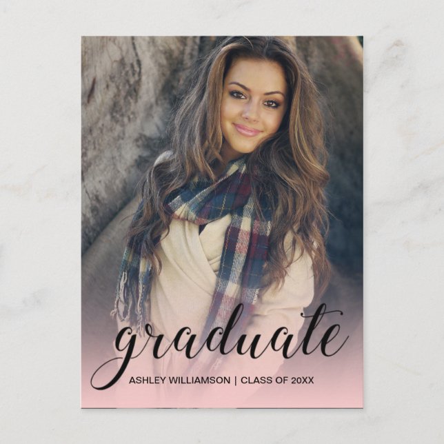 Celebrate Photo Pink Ombre Graduation Party Invitation Postcard (Front)