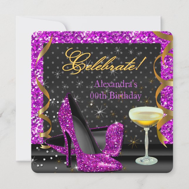 Celebrate Pink Purple Black Glitter Birthday Party Invitation (Front)