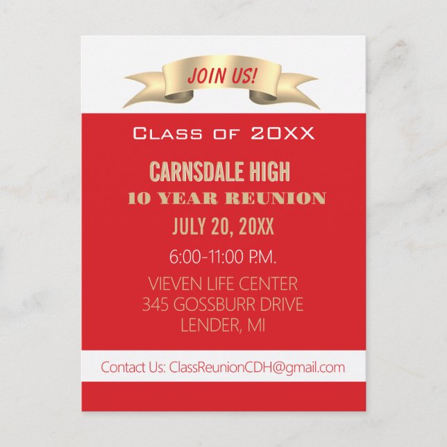 Celebrate! Red 10th Class Reunion Invite Postcard (Front)