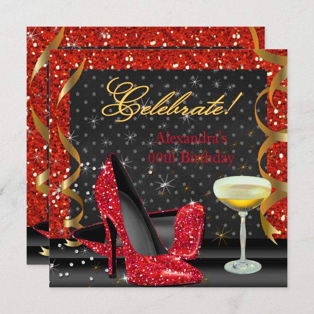 Celebrate Red Gold Black Glitter Birthday Party Invitation (Front/Back)