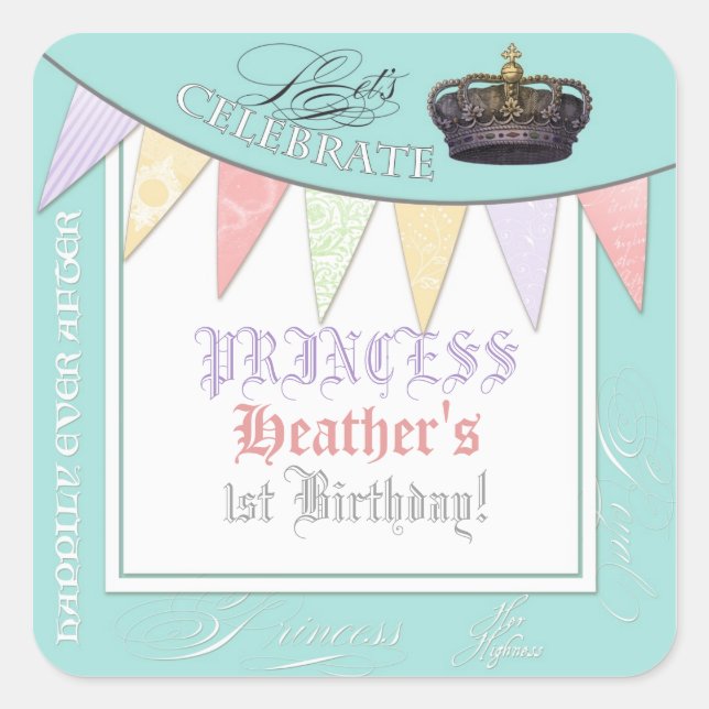 Celebrate Royally Princess Birthday Party Girl Square Sticker (Front)