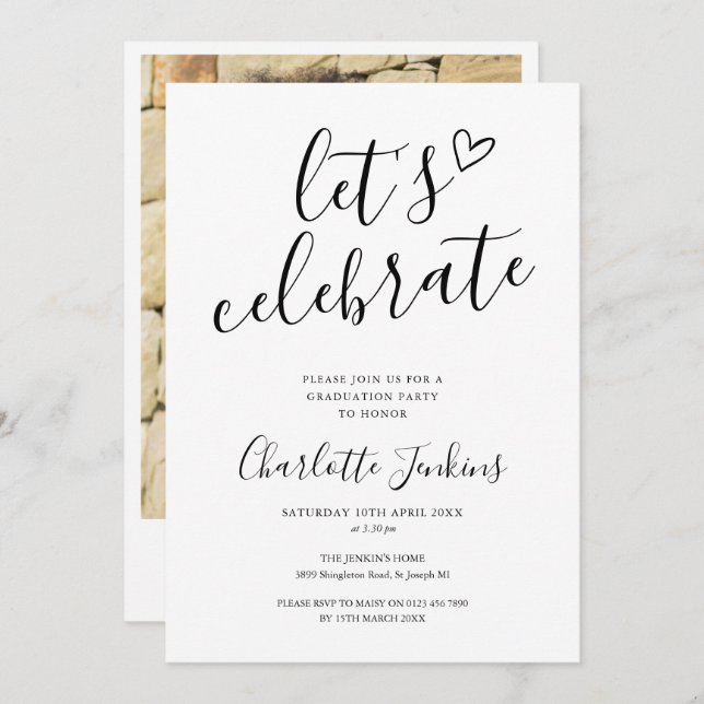 Celebrate Script Heart Photo Graduation Party Invitation (Front/Back)