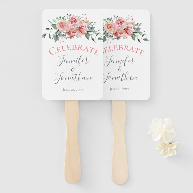 Celebrate |Simple Pink Rose Bouquet Wedding Hand Fan (Front and Back)