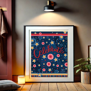 Celebrate Stars Flowers Fun Blue Stripe Poster