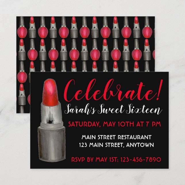 Celebrate! Sweet Sixteen Birthday Lipstick Makeup Invitation (Front/Back)