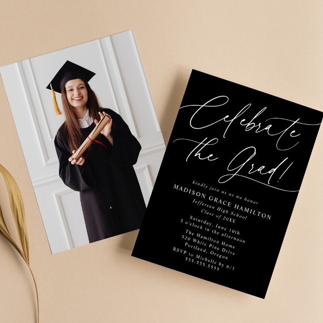 Celebrate the Grad Black Photo Graduation Party Invitation (Creator Uploaded)