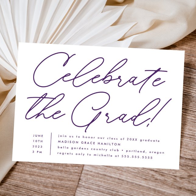 Celebrate the Grad Purple Script Graduation Party Invitation (Creator Uploaded)