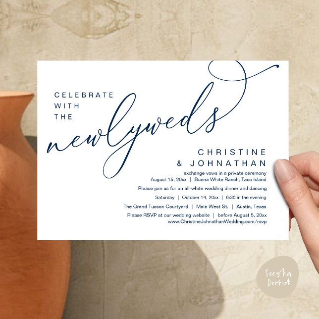 Celebrate with the Newlyweds, Romantic Wedding Invitation (Celebrate with the Newlyweds, Modern Romantic Wedding Dinner Party Invitation Card PDF Navy Blue)