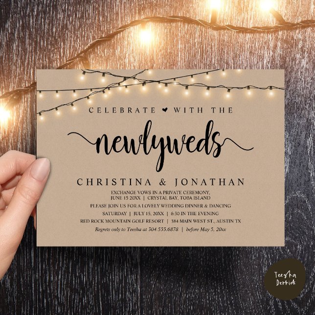 Celebrate With The Newlyweds Rustic Wedding Dinner Invitation (Celebrate With The Newlyweds Rustic Wedding Dinner Invitation Card, PDF, String Lights Brown Kraft)