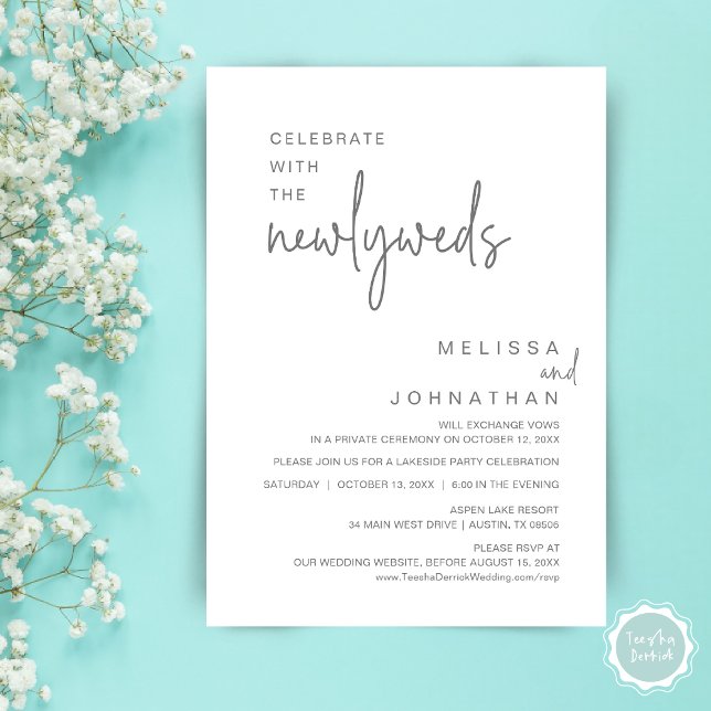 Celebrate With The Newlyweds, Wedding Dinner Invitation (Celebrate with the newlyweds, Modern wedding elopement dinner invitation card, PDF, in dark grey)
