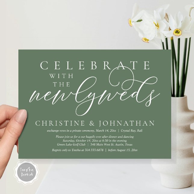 Celebrate with the newlyweds, Wedding Dinner  Invitation (Celebrate with the newlyweds, Wedding Dinner Invitation Card, PDF, Modern Romantic in Forest Sage )