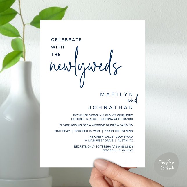 Celebrate With The Newlyweds, Wedding Dinner Party Invitation (Celebrate With The Newlyweds, Modern Clean Wedding Dinner Party Invitation Card PDF Navy Blue)