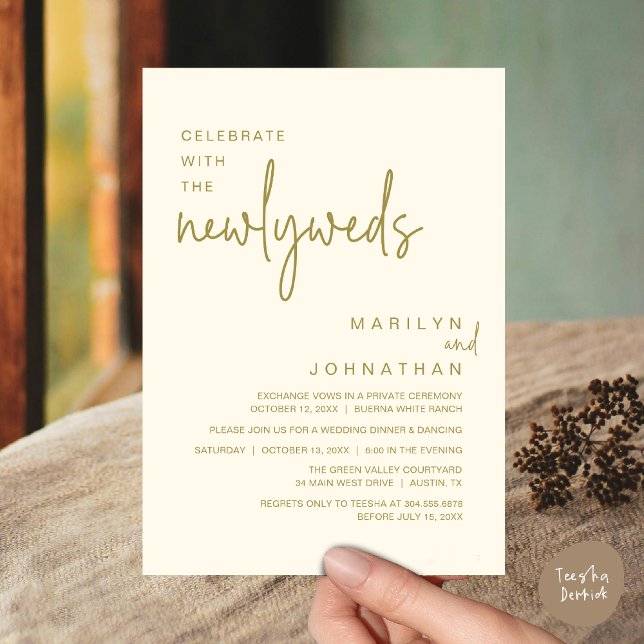 Celebrate With The Newlyweds, Wedding Dinner Party Invitation (Celebrate With The Newlyweds, Modern Clean Wedding Dinner Party Invitation Card PDF Yellow Gold)