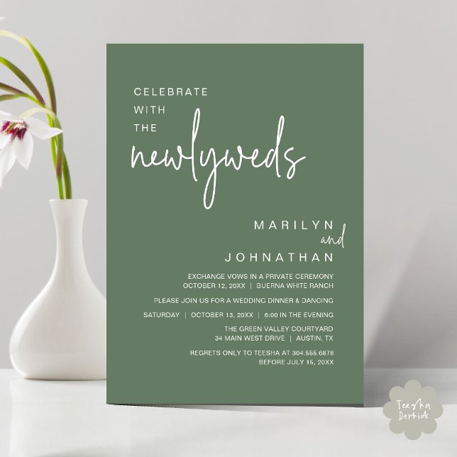 Celebrate With The Newlyweds, Wedding Dinner Party Invitation (Celebrate With The Newlyweds, Modern Clean Wedding Dinner Party Invitation Card PDF Sage Green)