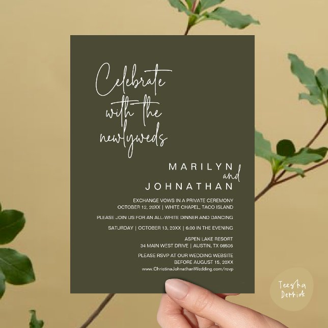 Celebrate With The Newlyweds, Wedding Elopement Invitation (Celebrate With The Newlyweds, Wedding Invitation Card PDF Dinner Party Lunch Brunch Olive Green)