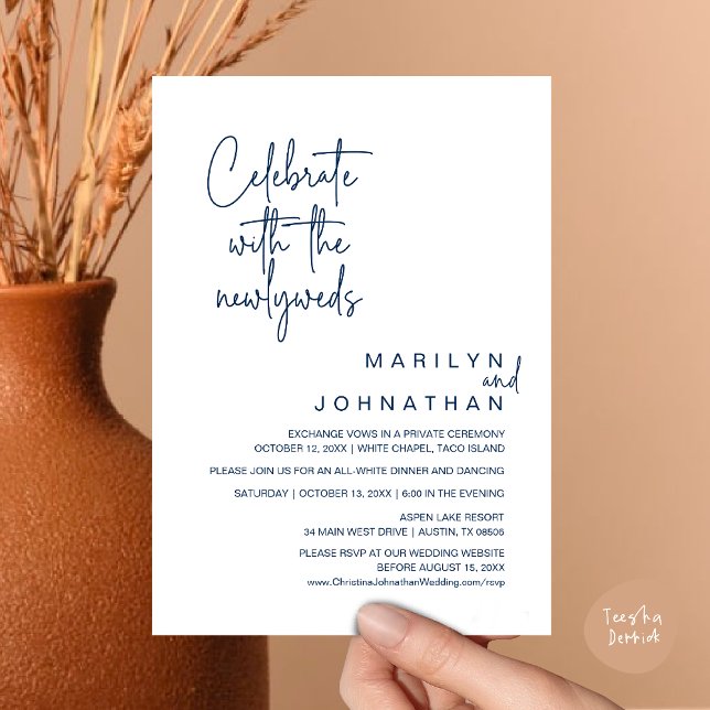 Celebrate With The Newlyweds, Wedding Elopement Invitation (Celebrate With The Newlyweds, Wedding Invitation Card PDF Dinner Party Lunch Brunch Navy Blue)