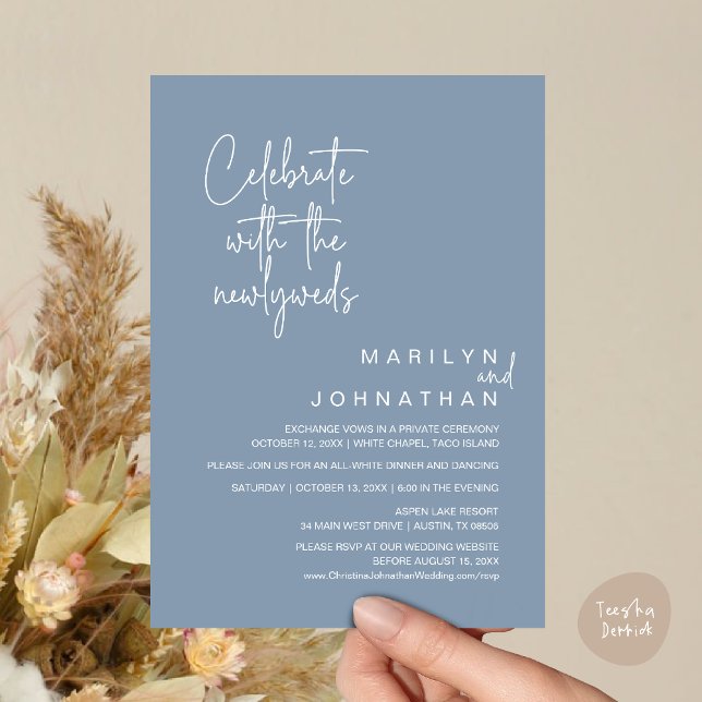 Celebrate With The Newlyweds, Wedding Elopement Invitation (Celebrate With The Newlyweds, Wedding Invitation Card PDF Dinner Party Lunch Brunch Dusty Blue)