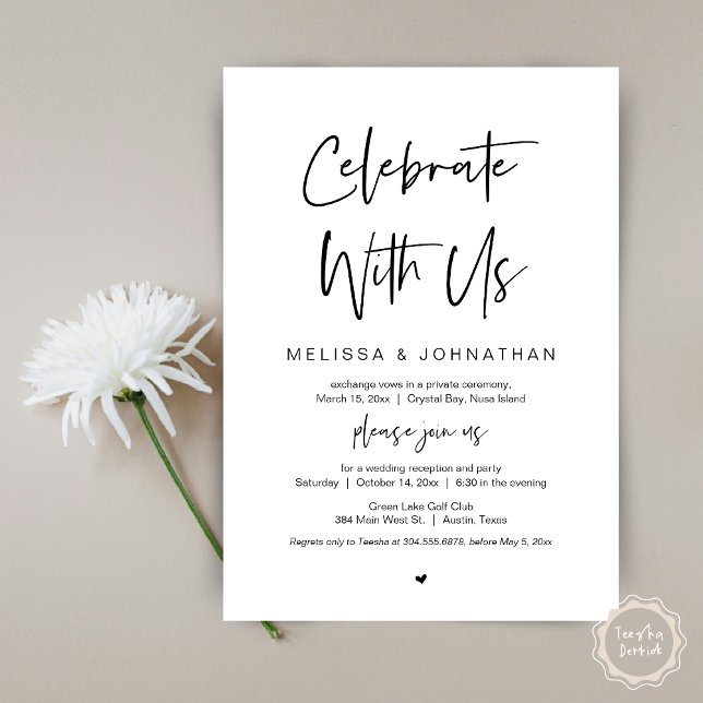Celebrate with us, Black, Wedding Elopement Invitation (Celebrate with us, modern wedding elopement dinner invitation card, pdf, in black and white)
