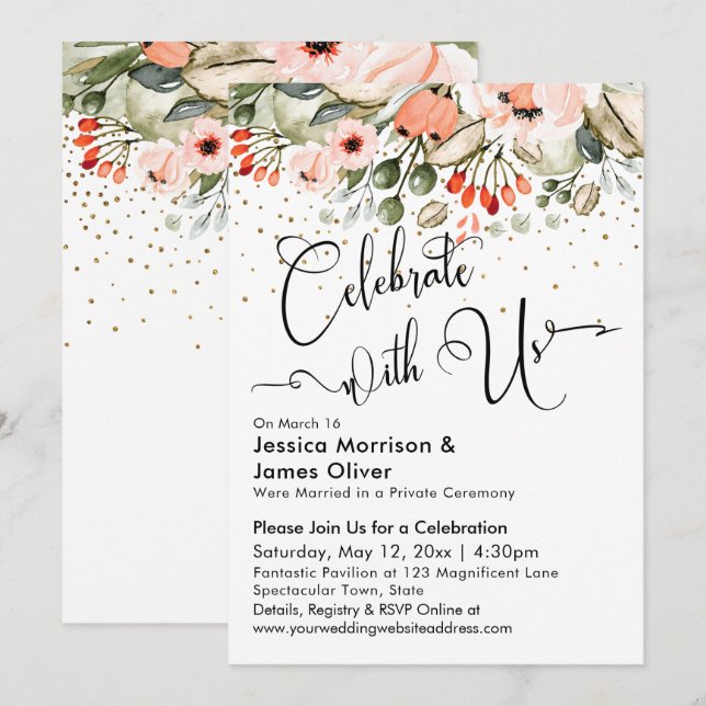 Celebrate with Us Blush Floral Faux Gold Confetti Invitation (Front/Back)