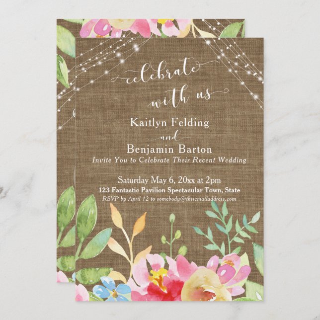 Celebrate with Us, Burlap, Flowers & Lights Invitation (Front/Back)