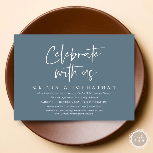 Celebrate with us, Casual Wedding Elopement Party Invitation (Celebrate With Us, Wedding Elopement Brunch, Lunch, Dinner Party Invitation Card, PDF, Dusty Blue)