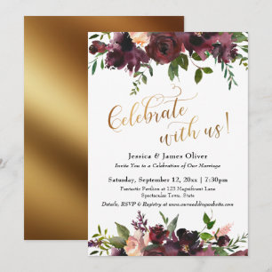 Celebrate with Us! Dark Red Burgundy Floral & Gold Invitation
