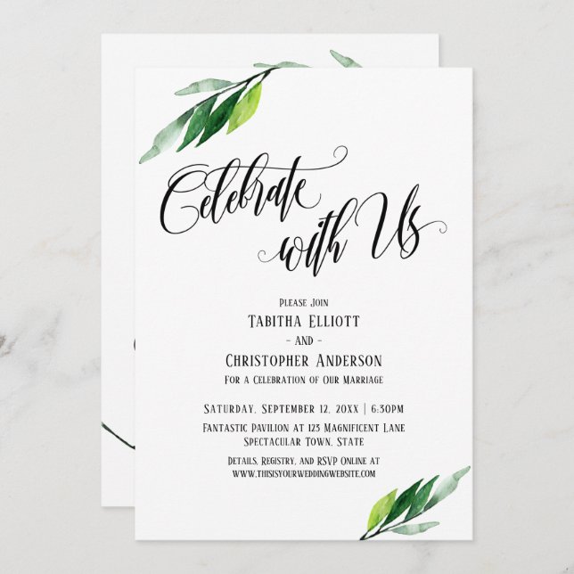 Celebrate with Us Elaborate Script and Greenery Invitation (Front/Back)