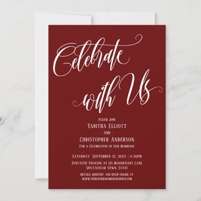 Celebrate with Us Elaborate Script Burgundy Invitation (Front)