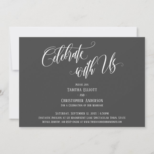 Celebrate with Us Elaborate Script Dark Grey Invitation (Front)